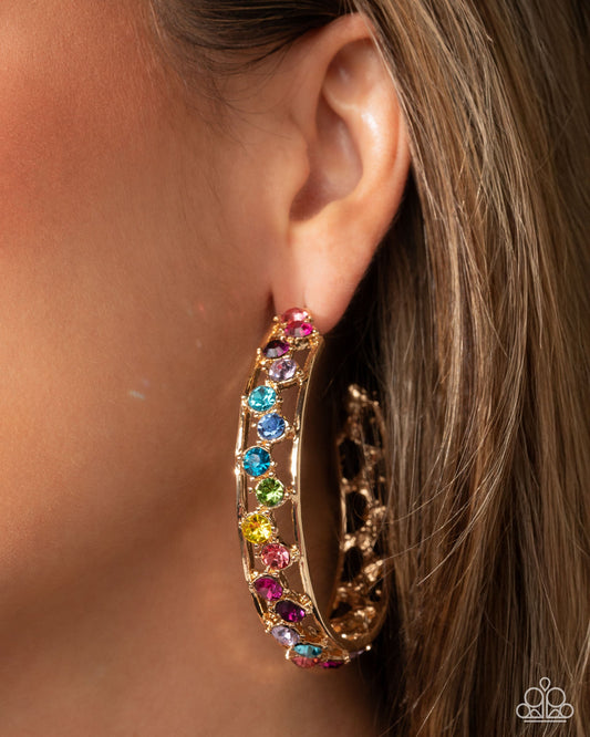 Scattered Sophistication - Gold Rainbow Rhinestone Hoop Earrings - Empower Me Pink Exclusive 2025 - Paparazzi Accessories