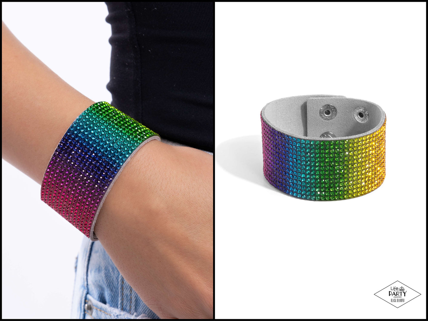Fade Out - Multi - J.J. & Matt's Black Diamond Exclusive - Rainbow Rhinestone Snap Bracelet - Paparazzi Accessories
