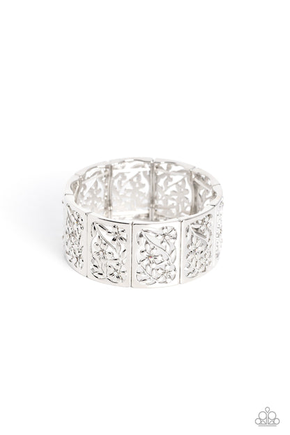 Garden Walls - White - Floral Filigree Stretchy Bracelet - Paparazzi Accessories