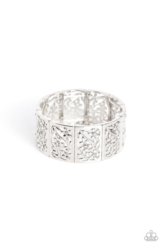 Garden Walls - White - Floral Filigree Stretchy Bracelet - Paparazzi Accessories