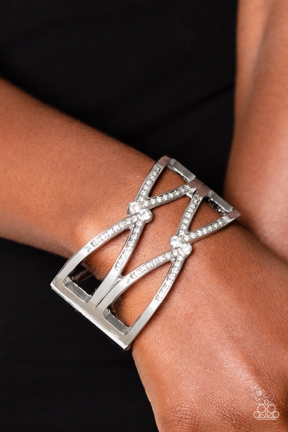 Entrancing Etiquette - White Rhinestone Silver Hinge Bracelet - Paparazzi Accessories