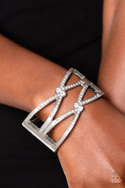 Entrancing Etiquette - White Rhinestone Silver Hinge Bracelet - Paparazzi Accessories