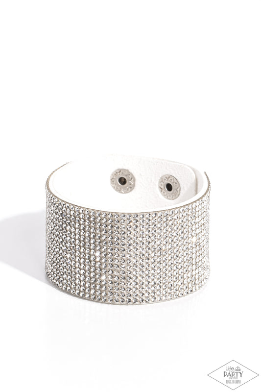 Roll With The Punches - White Rhinestone Snap Wrap Bracelet - Black Diamond Exclusive - Paparazzi Accessories
