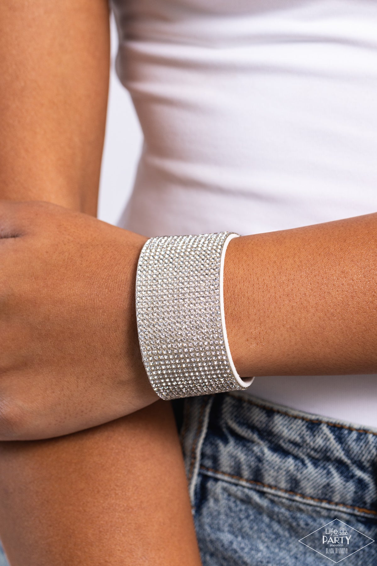 Roll With The Punches - White Rhinestone Snap Wrap Bracelet - Black Diamond Exclusive - Paparazzi Accessories