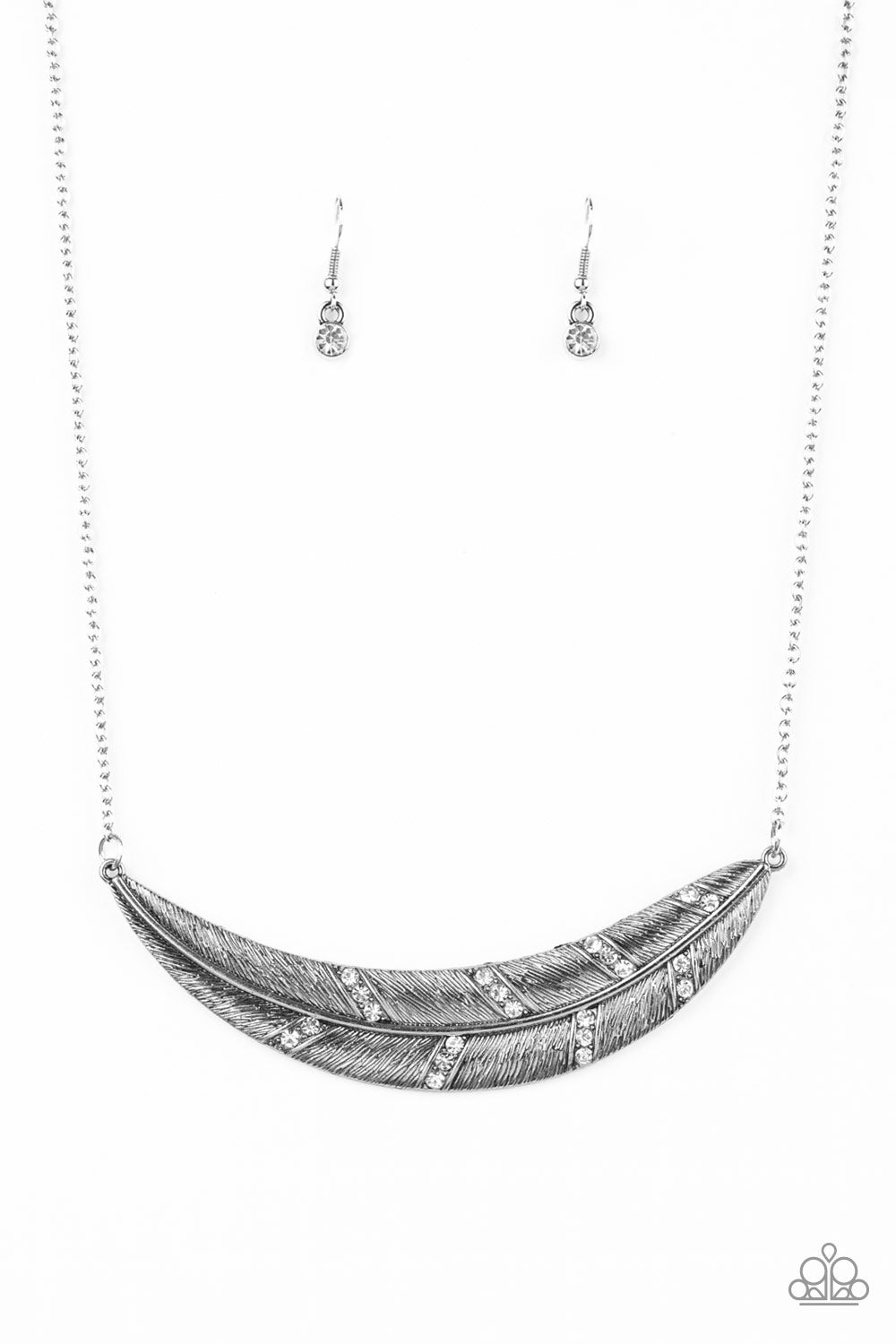 Say You QUILL - White Rhinestone Silver Feather Necklace - Paparazzi Accessories