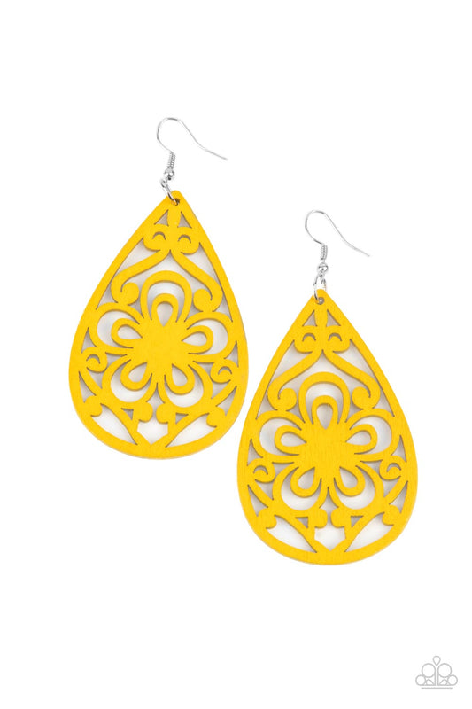 Marine Eden - Yellow Wood Fishhook Earrings - Paparazzi Accessories