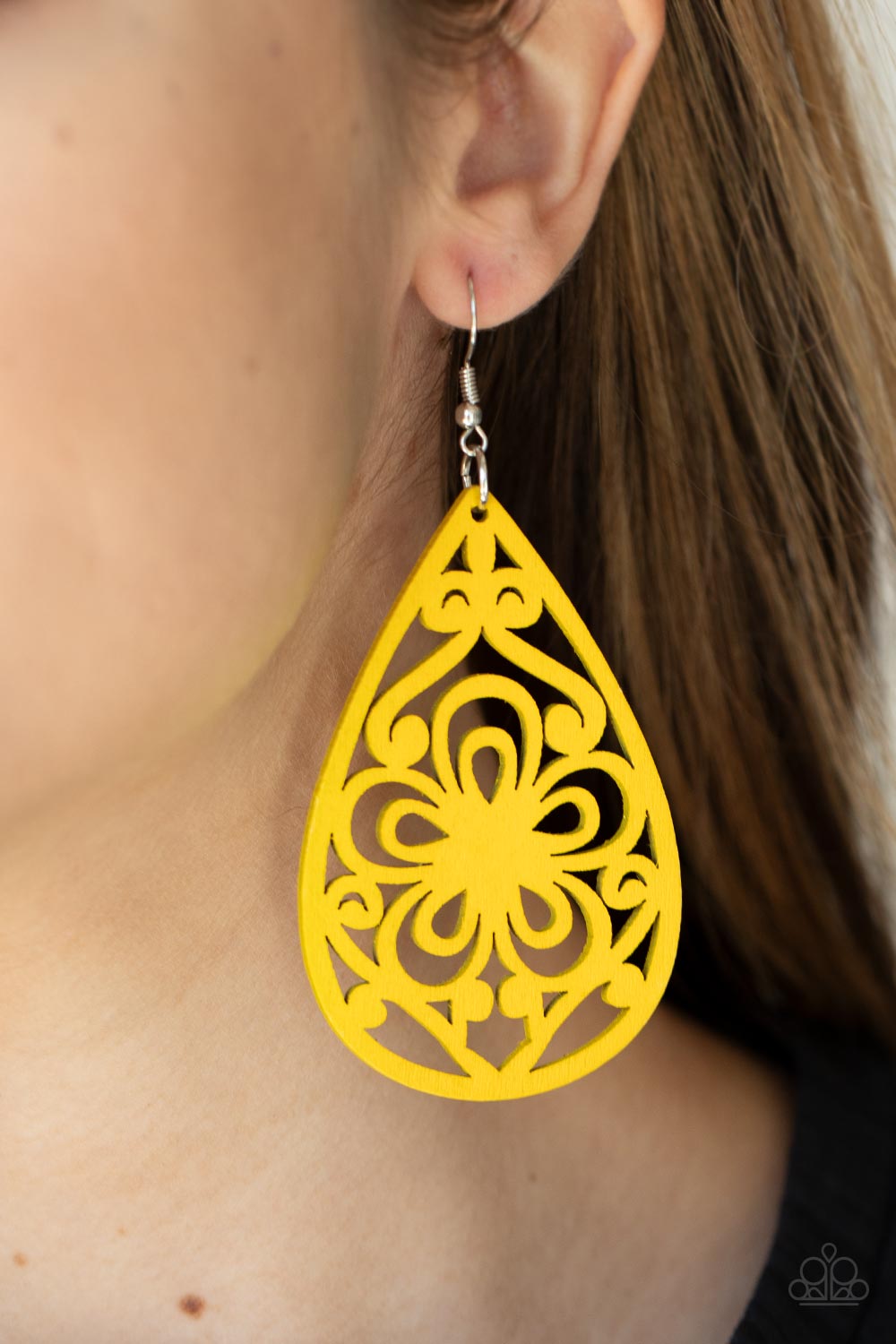 Marine Eden - Yellow Wood Fishhook Earrings - Paparazzi Accessories