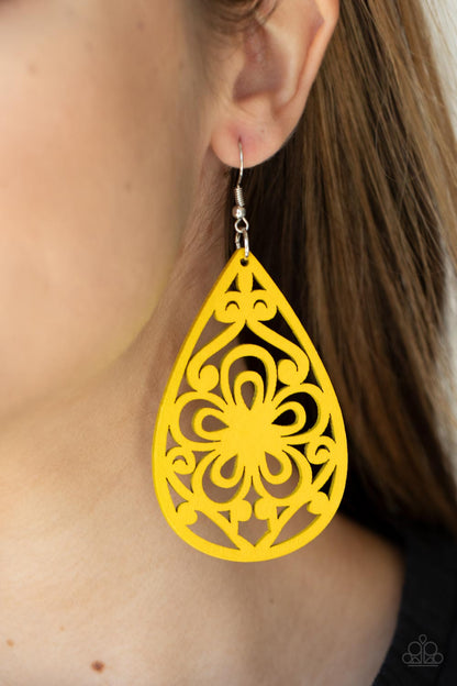 Marine Eden - Yellow Wood Fishhook Earrings - Paparazzi Accessories
