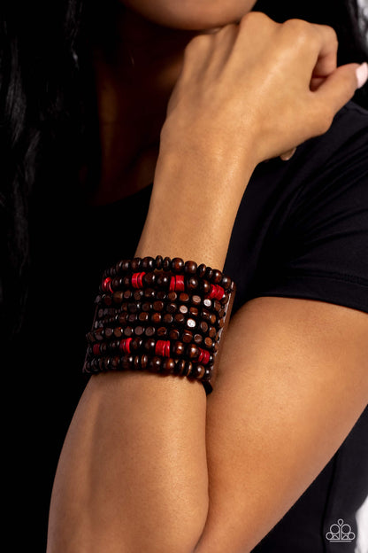 Tropical Time Zone - Red Wooden Stretchy Bracelet - Paparazzi Accessories