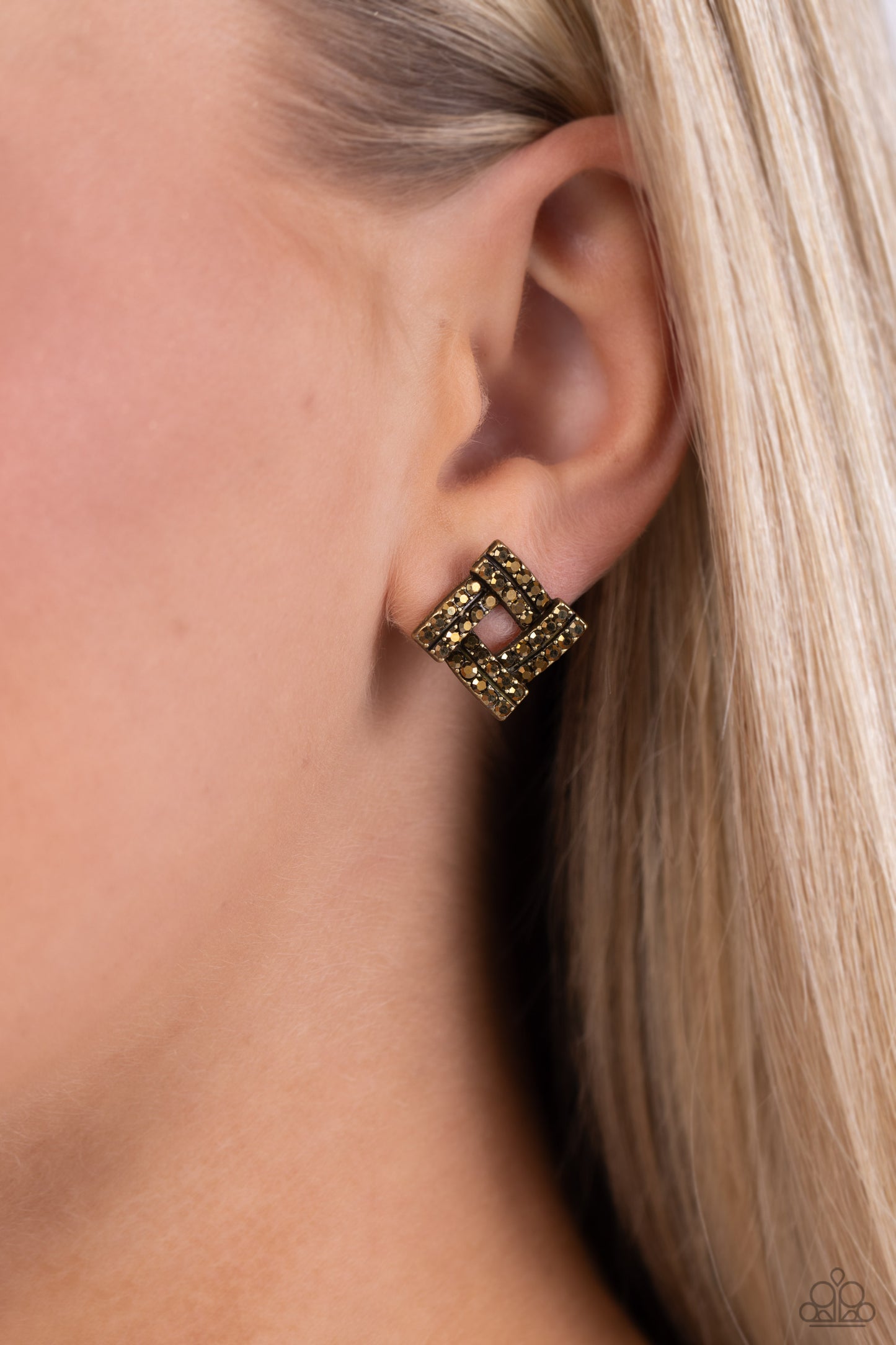 Times Square Scandalous - Brass - Aurum Rhinestone Post Earrings - Paparazzi Accessories