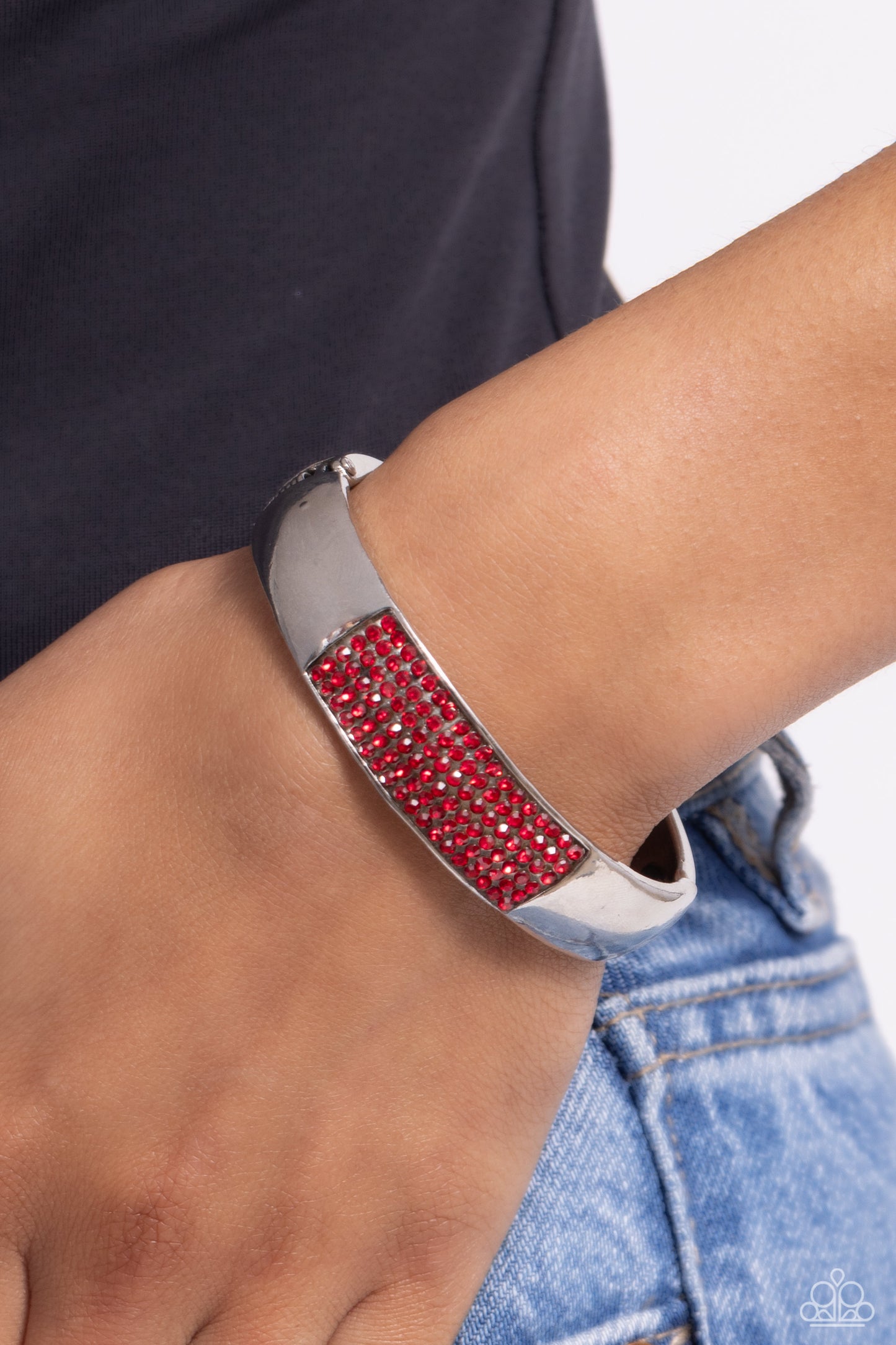 Record-Breaking Bling - Red Rhinestone Silver Hinge Bracelet - Paparazzi Accessories