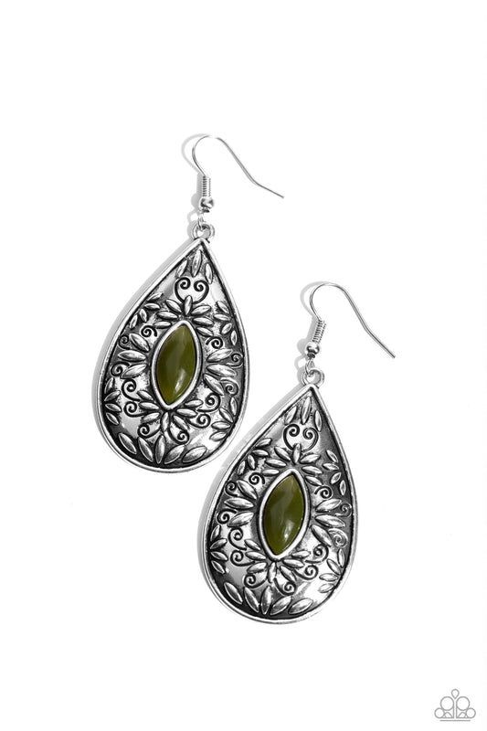 Two PERENNIALS in a Pod - Green - Silver Floral Frame Teardrop Earrings - Paparazzi Accessories