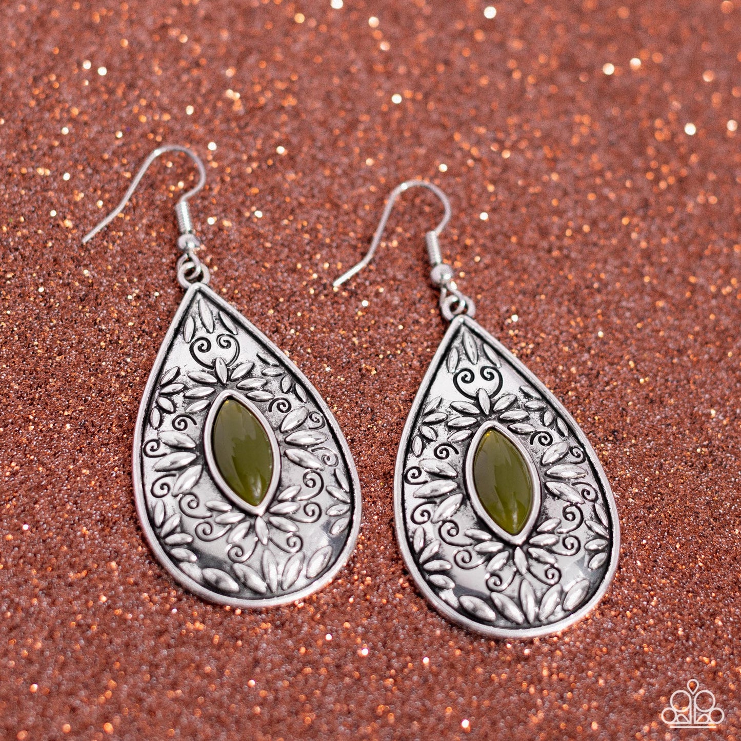 Two PERENNIALS in a Pod - Green - Silver Floral Frame Teardrop Earrings - Paparazzi Accessories