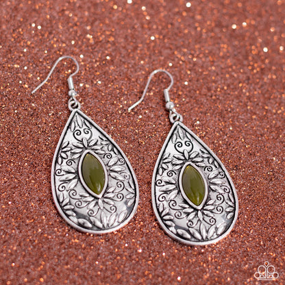 Two PERENNIALS in a Pod - Green - Silver Floral Frame Teardrop Earrings - Paparazzi Accessories