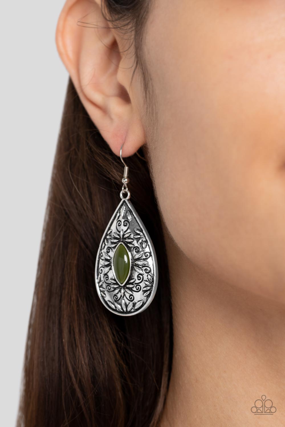 Two PERENNIALS in a Pod - Green - Silver Floral Frame Teardrop Earrings - Paparazzi Accessories