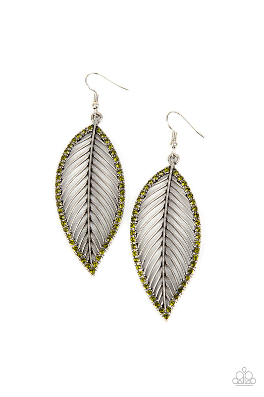 Canopy Cabaret - Green Rhinestone Leaf Fishhook Earrings - Paparazzi Accessories