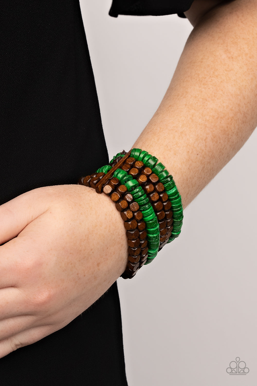 Fiji Fiesta - Green Wood Stretchy Bracelet - Paparazzi Accessories