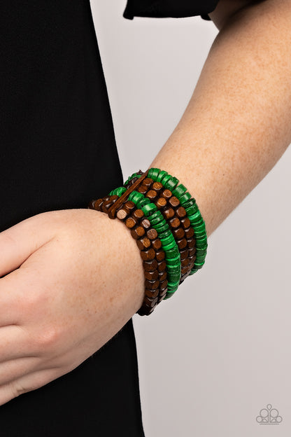 Fiji Fiesta - Green Wood Stretchy Bracelet - Paparazzi Accessories