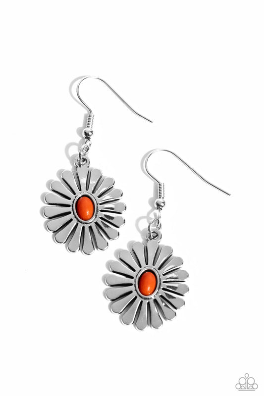 Delectably Daisy - Orange Bead Silver Flower Earrings - Paparazzi Accessories