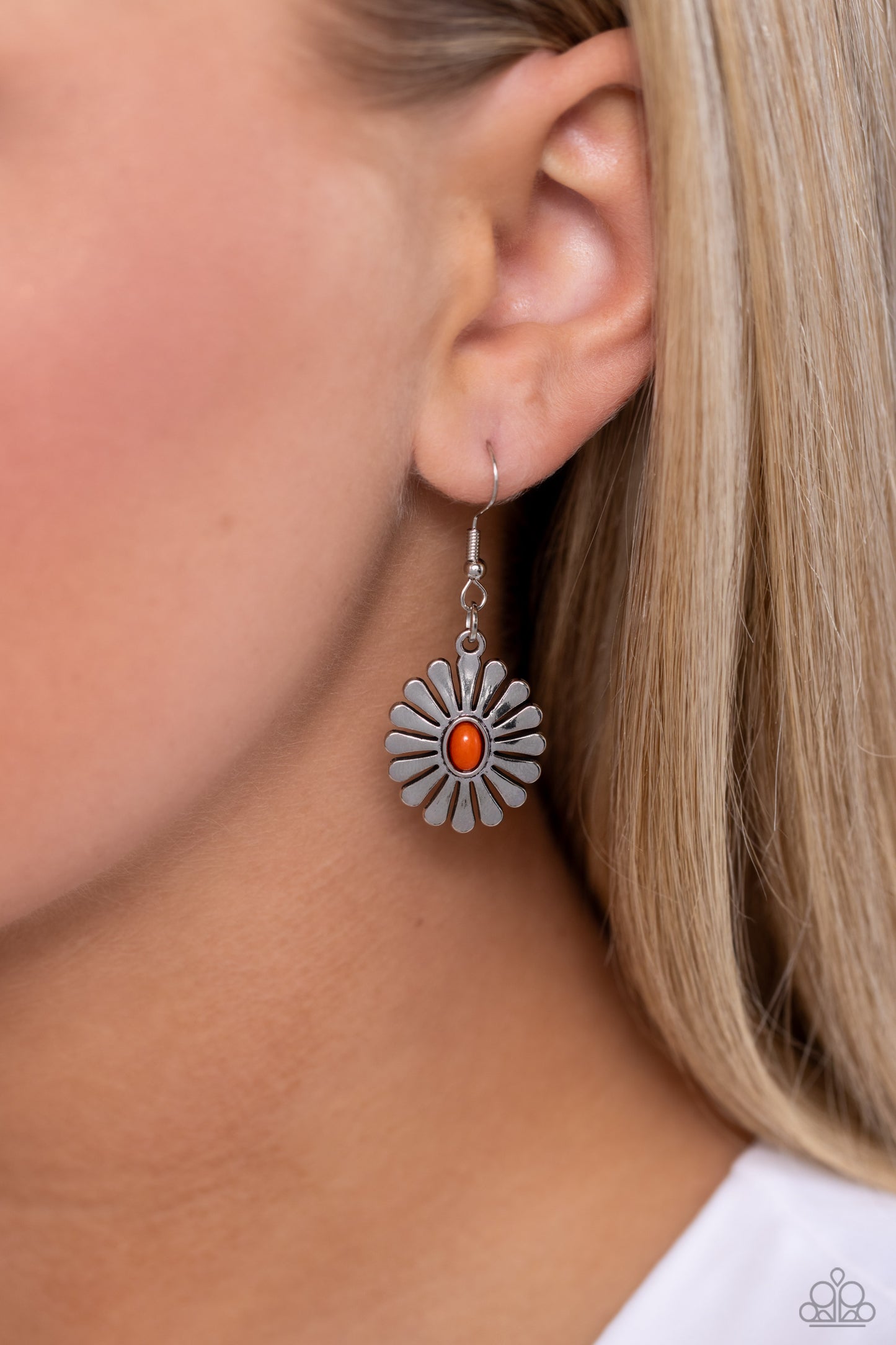 Delectably Daisy - Orange Bead Silver Flower Earrings - Paparazzi Accessories