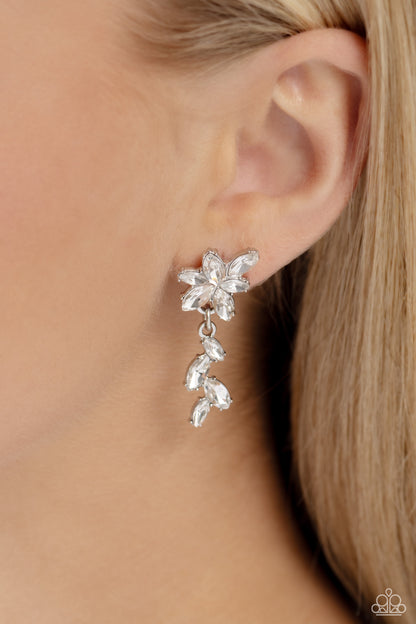 Goddess Grove - White Rhinestone Earrings - Paparazzi Accessories