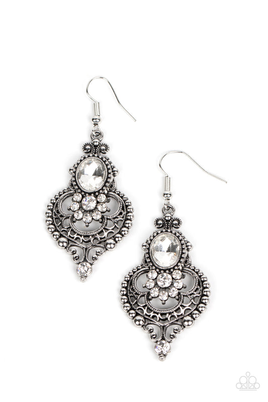 Castle Chateau - White Rhinestone Floral Accent Earrings - Paparazzi Accessories