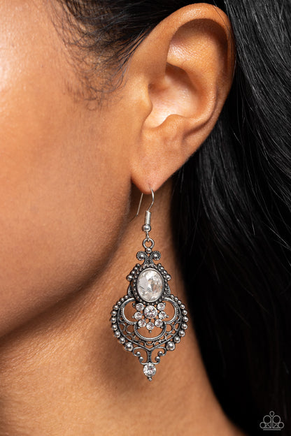 Castle Chateau - White Rhinestone Floral Accent Earrings - Paparazzi Accessories