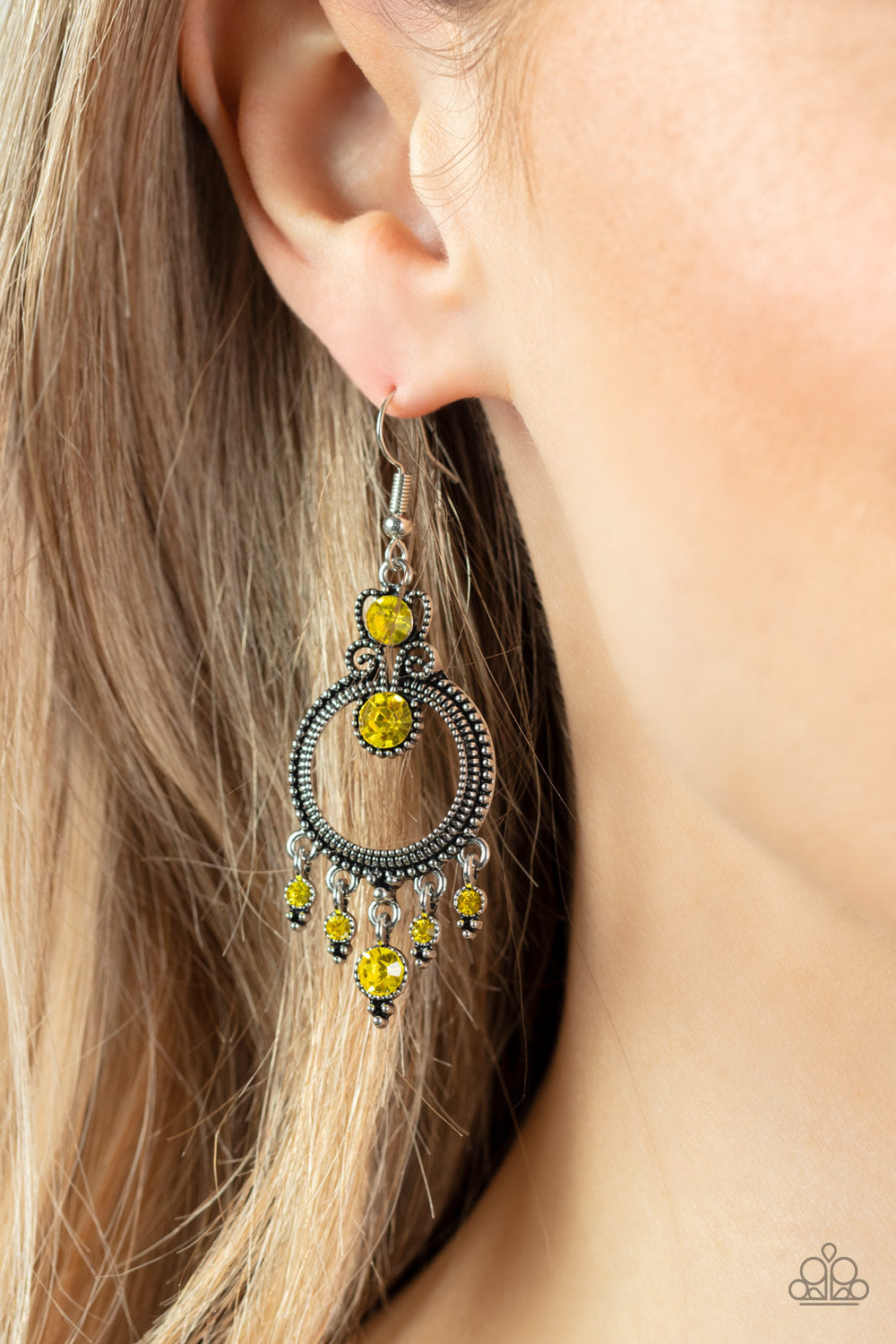 Palace Politics - Yellow Rhinestone Fishhook Earrings - Paparazzi Accessories