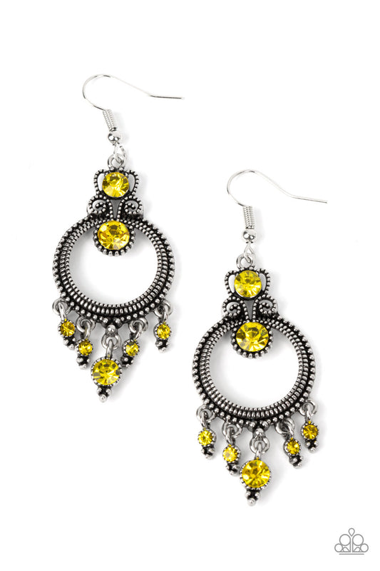 Palace Politics - Yellow Rhinestone Fishhook Earrings - Paparazzi Accessories