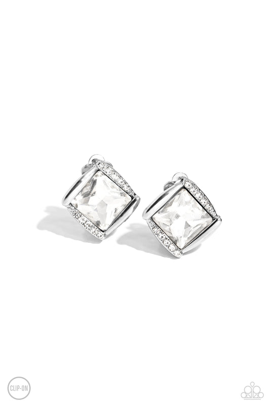 Sparkle Squared - White - Rhinestone Clip-on Earrings - Paparazzi Accessories