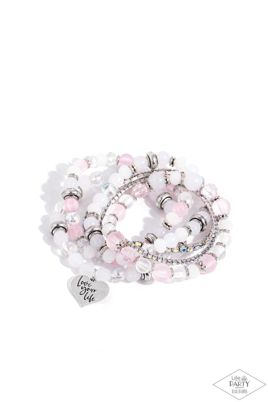 Optimistic Opulence - Pink - "love your life" Heart Charm Stretchy Bracelet Stack - Paparazzi Accessories