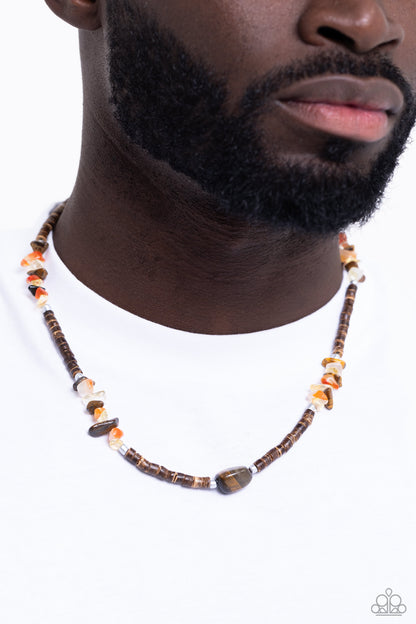 Stony Survivor - Brown Wooden Bead - Tiger's Eye Stone Necklace - Paparazzi Accessories