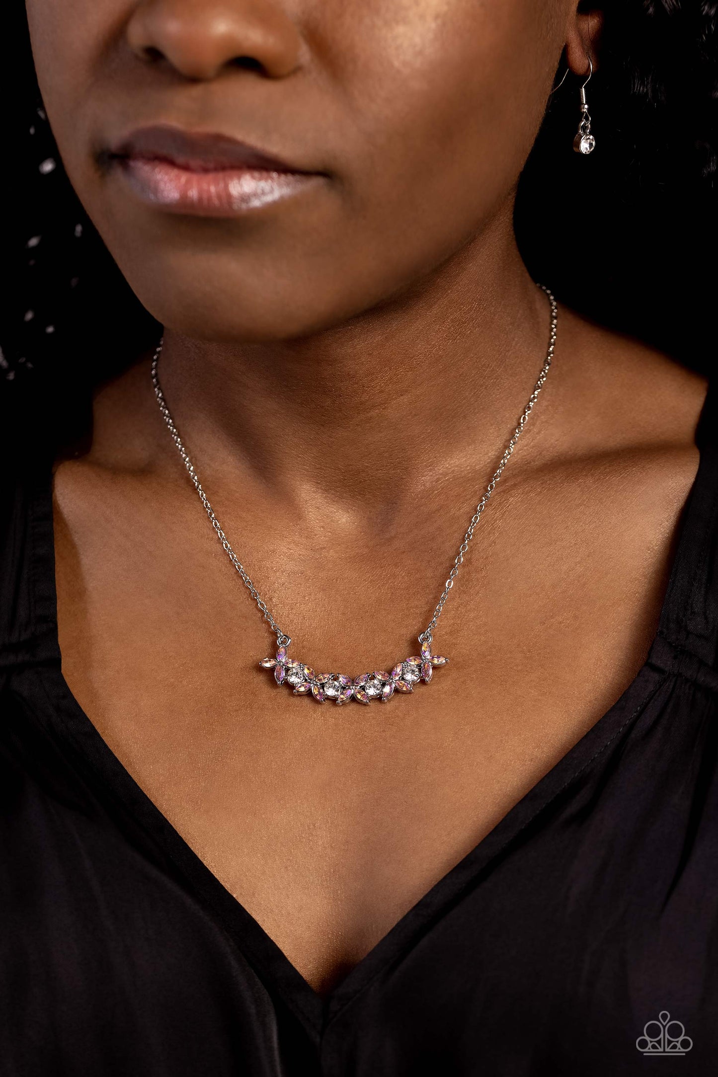 Floral Fanfare - Orange Iridescent Rhinestone Necklace - Paparazzi Accessories