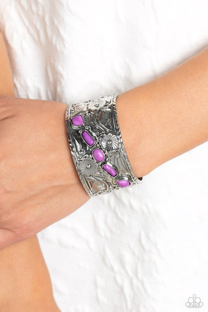 Still FLORAL Stones - Purple Crackle Stone Cuff Bracelet - Paparazzi Accessories