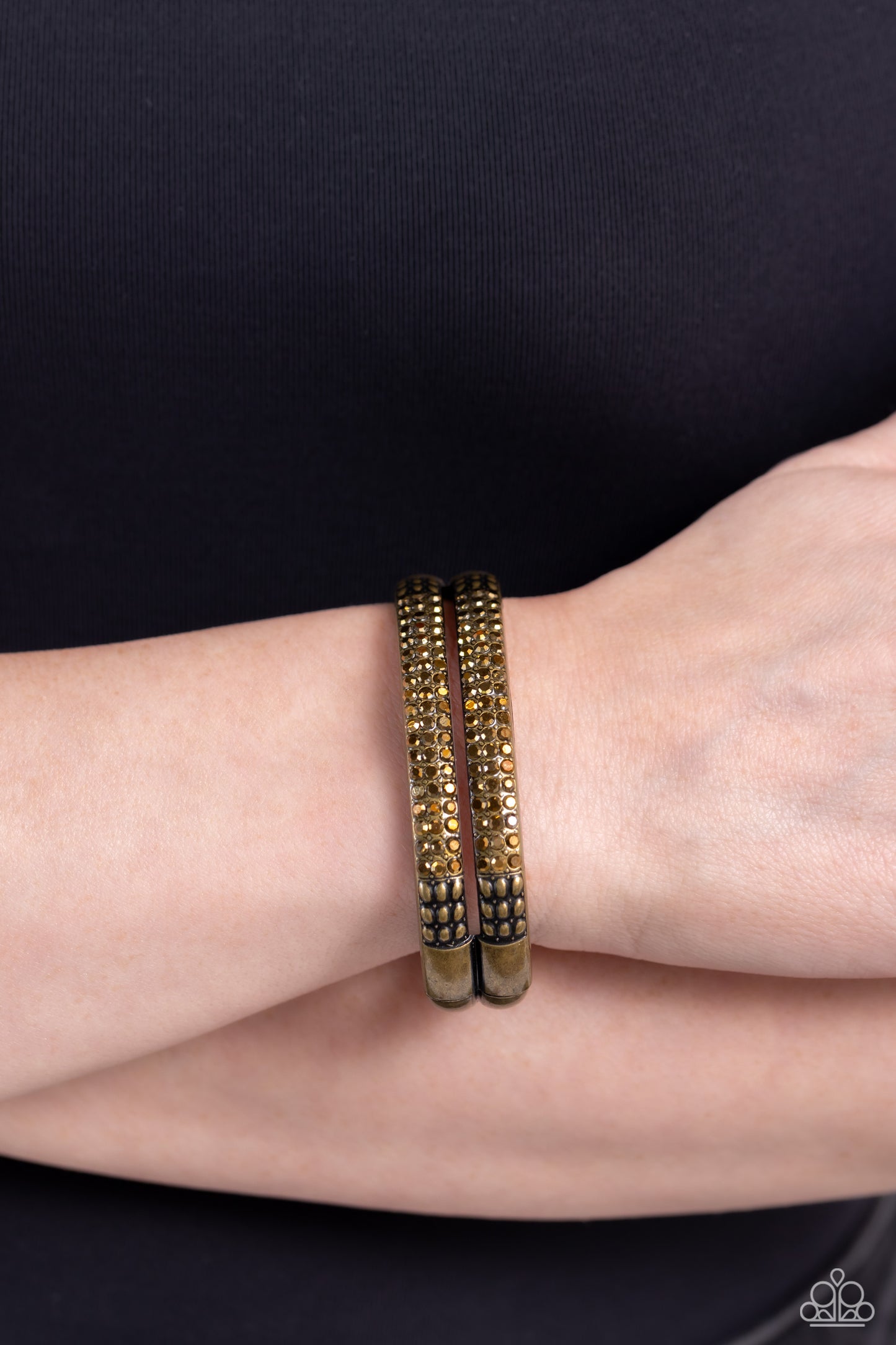 STACKED Up - Brass - Aurum Rhinestone Hinge Bracelet - Paparazzi Accessories