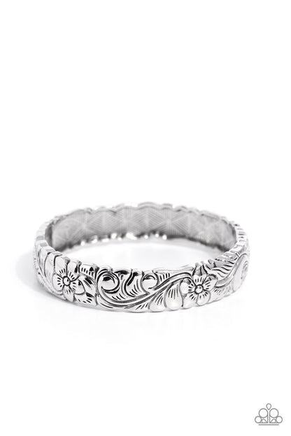Grounded Grace - Silver Floral Hinge Bracelet - Paparazzi Accessories