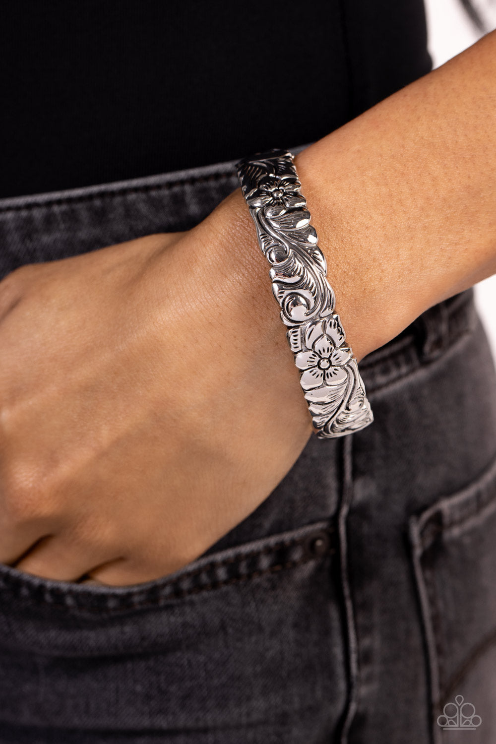 Grounded Grace - Silver Floral Hinge Bracelet - Paparazzi Accessories