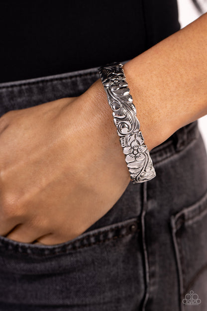 Grounded Grace - Silver Floral Hinge Bracelet - Paparazzi Accessories