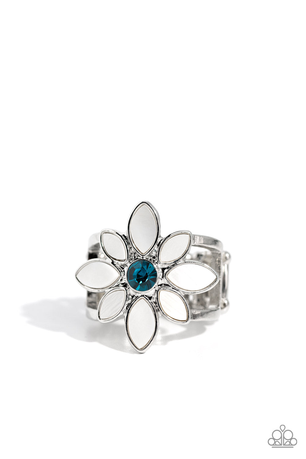 PETAL to the MEADOW - Blue Rhinestone White Enamel Flower Ring - Paparazzi Accessories