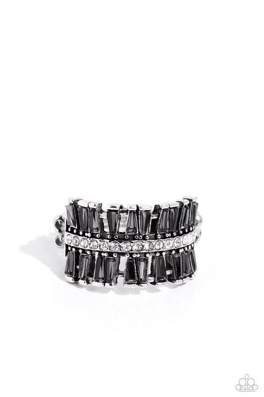 Staggering Stacks - Silver Smoky Rhinestone Ring - Paparazzi Accessories