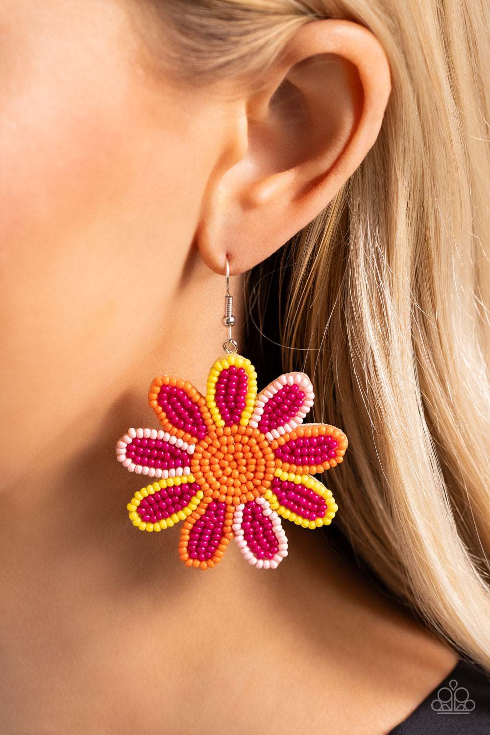 Decorated Daisies - Pink Seed Bead Flower Earrings - Paparazzi Accessories
