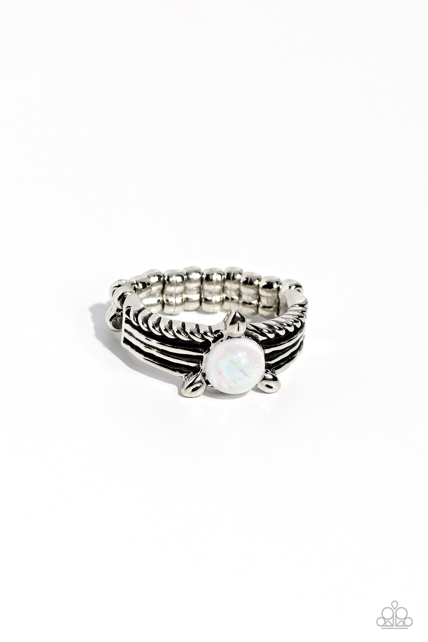 Sinuous Spotlight - White Opalescent Bead Silver Ring - Paparazzi Accessories