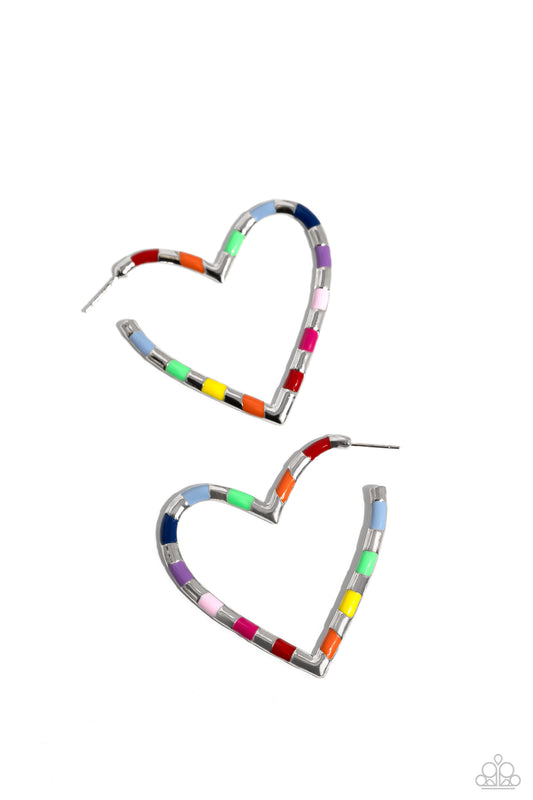 Striped Sweethearts - Multi Rainbow Heart Hoop Earrings - Paparazzi Accessories