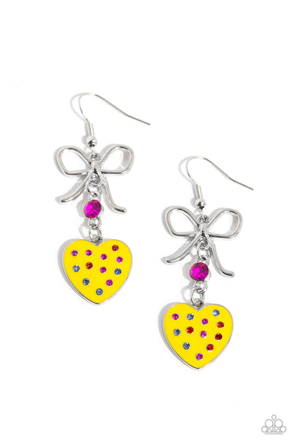 BOW Away Zone - Yellow Enamel Heart Earrings - Paparazzi Accessories