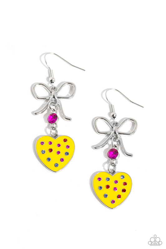 BOW Away Zone - Yellow Enamel Heart Earrings - Paparazzi Accessories