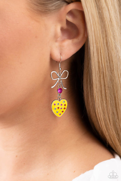 BOW Away Zone - Yellow Enamel Heart Earrings - Paparazzi Accessories