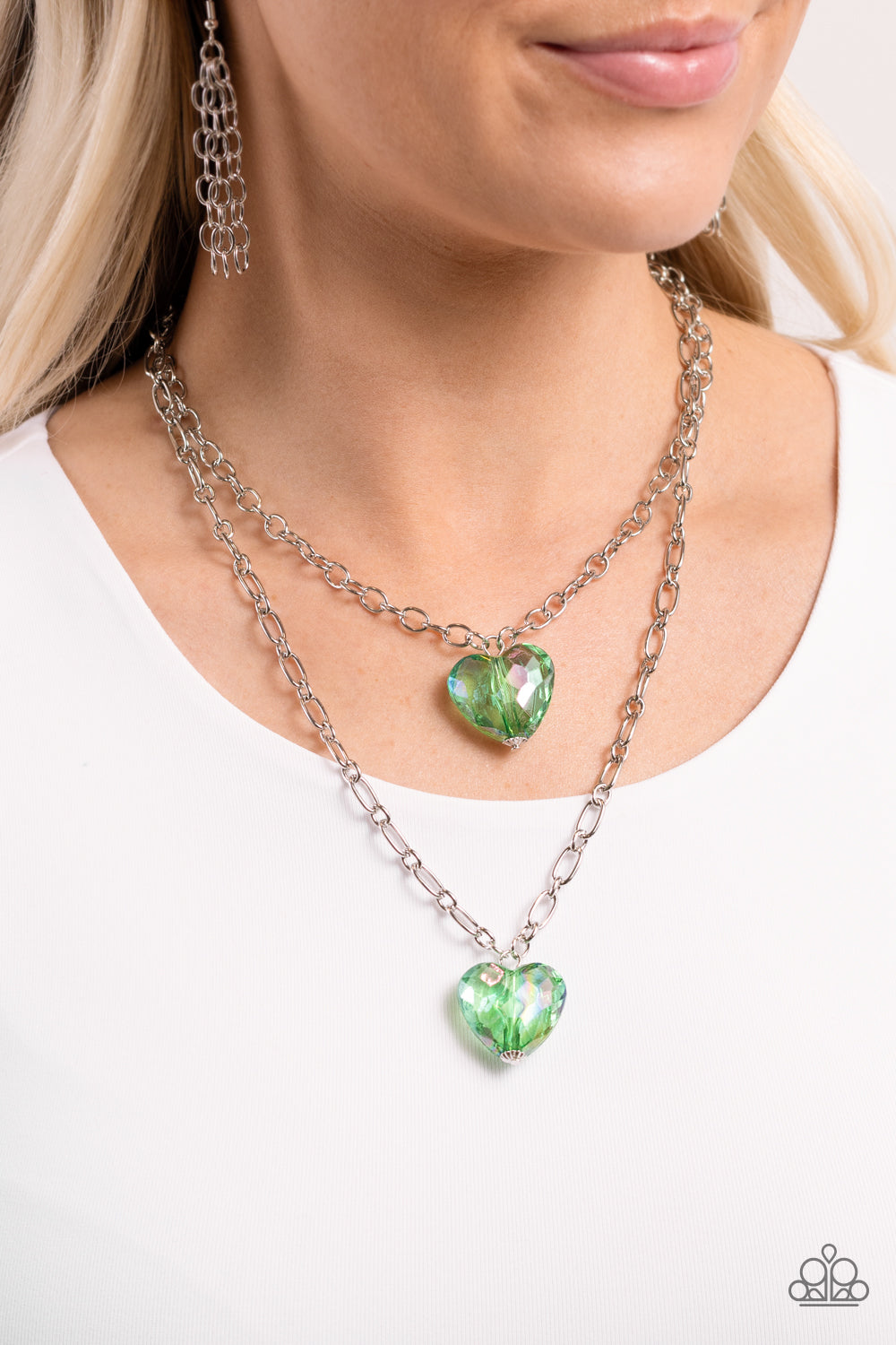 Layered Love - Green Iridescent Hearts Necklace - Paparazzi Accessories