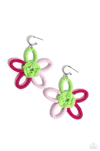 Spin a Yarn - Pink Flower Drop Hoop Earrings - Paparazzi Accessories