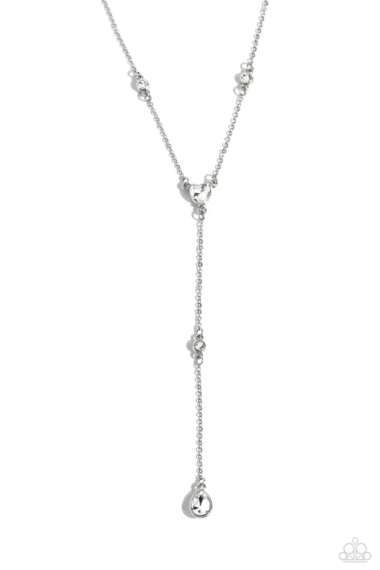 Lavish Lariat - White - Rhinestone Silver Necklace - Paparazzi Accessories