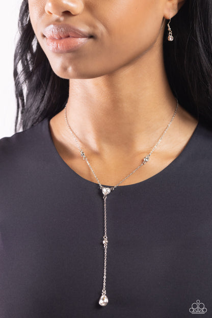 Lavish Lariat - White - Rhinestone Silver Necklace - Paparazzi Accessories